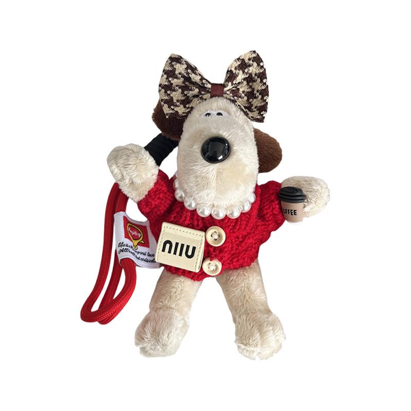 Plush Cartoon Chef Dog Keychain with Bow Tie – Cute Knitted Sweater Design Doll for Bags and Cars