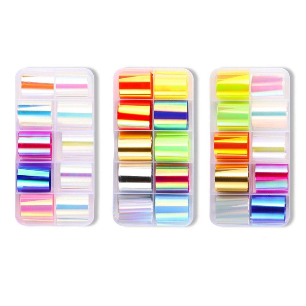 Iridescent Nail Art Stickers 10 Rolls Laser Glass Nail Foils Hot Transfer Decals DIY Manicure