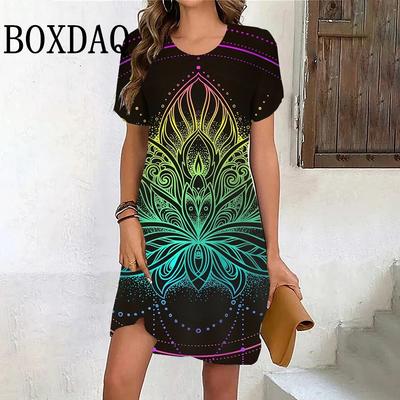 Gradient Leaf Print Dress Women's Party Mini Dress Summer Casual Abstract Fashion Short-sleeved O-neck Loose Dress
