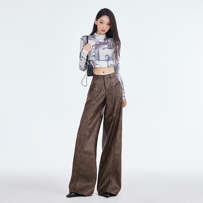 Autumn New American Hot Girl Make Old Flower Brown Casual Pants Women'S High Waist Loose Wide Leg Leather Pants