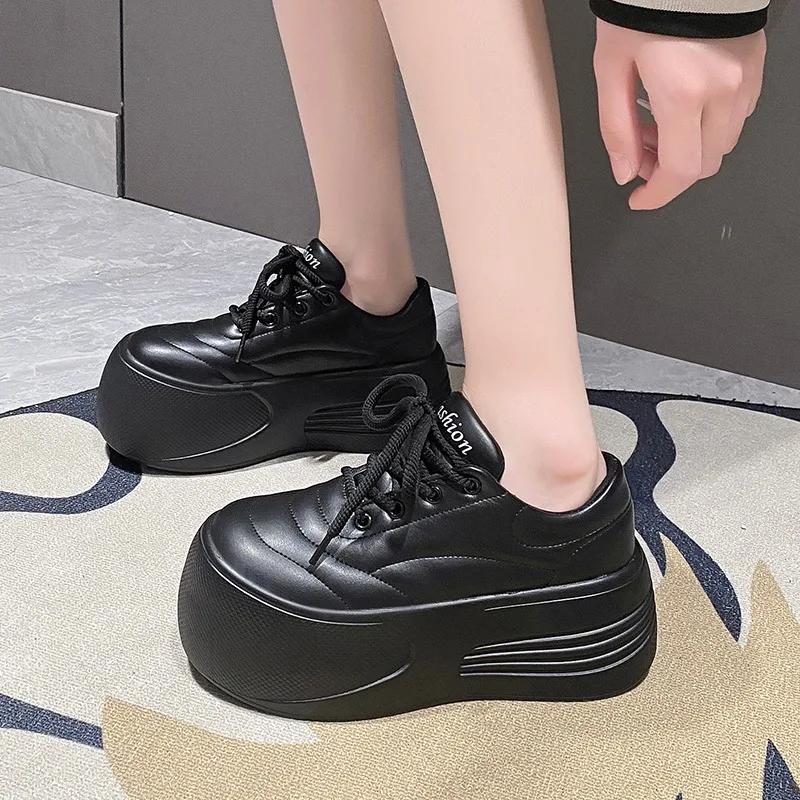Fashion 7CM High Platform Women Flats Summer Spring Autumn Fashion Round Toe Leather Casual Loafers Female Outdoor Daily Slip-on Shoes