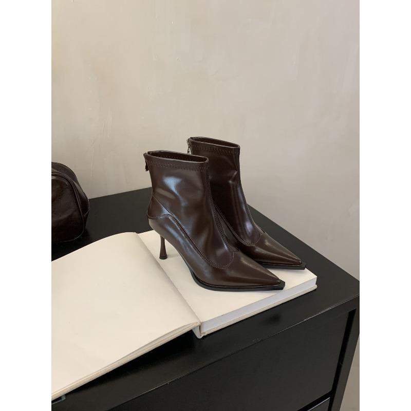 Temperament High Heels Short Boots Women's Autumn and Winter New Thin Heels Pointed Thin Boots Niche Brown Women's Boots