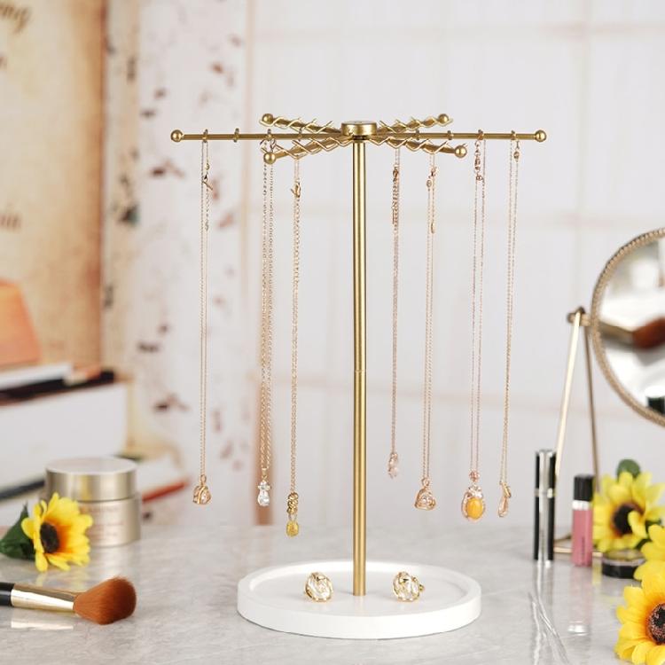 Decorative Gold Metal Jewelry Stand 48 Hooks 360° Rotation Design Large Capacity Necklace Bracelet Organizers Compact Display