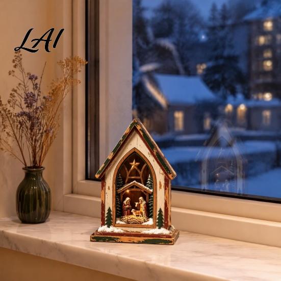 Indoor Winter Wonderland Ornaments Christmas Wooden Tabletop Decor with Warm LED Lights 2D Printed Snow Village Scene Tree Figurines Santa