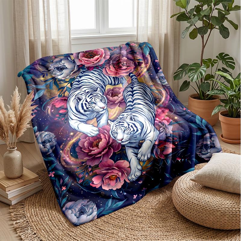 Tiger amidst roses 2 Theme blanket Lightweight Warm Flannel Blanket Decorative Throw Blanket for Home Decoration