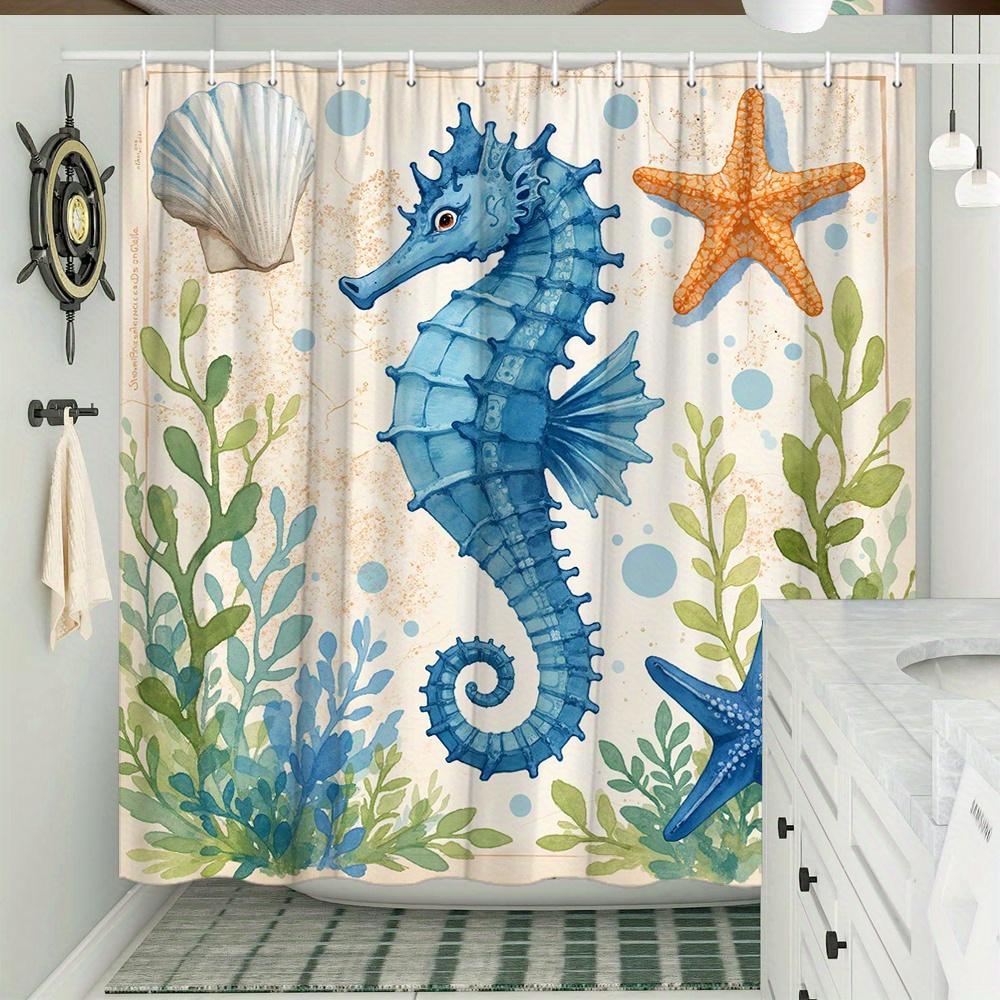 Watercolor Blue Seahorse Starfish Seashell Seaweed Ocean Print Shower Curtain Waterproof Mildew Resistant Polyester Fabric With