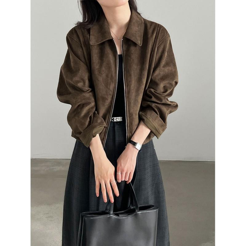 Womens Suede-Like Vintage Collar Short Jacket Fall 2026 Casual Slim Fit Outerwear In Coffee Brown