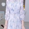 Women's Spring 2026 Seven-Sleeve Ruffled Collar Belted Printed Midi Dress