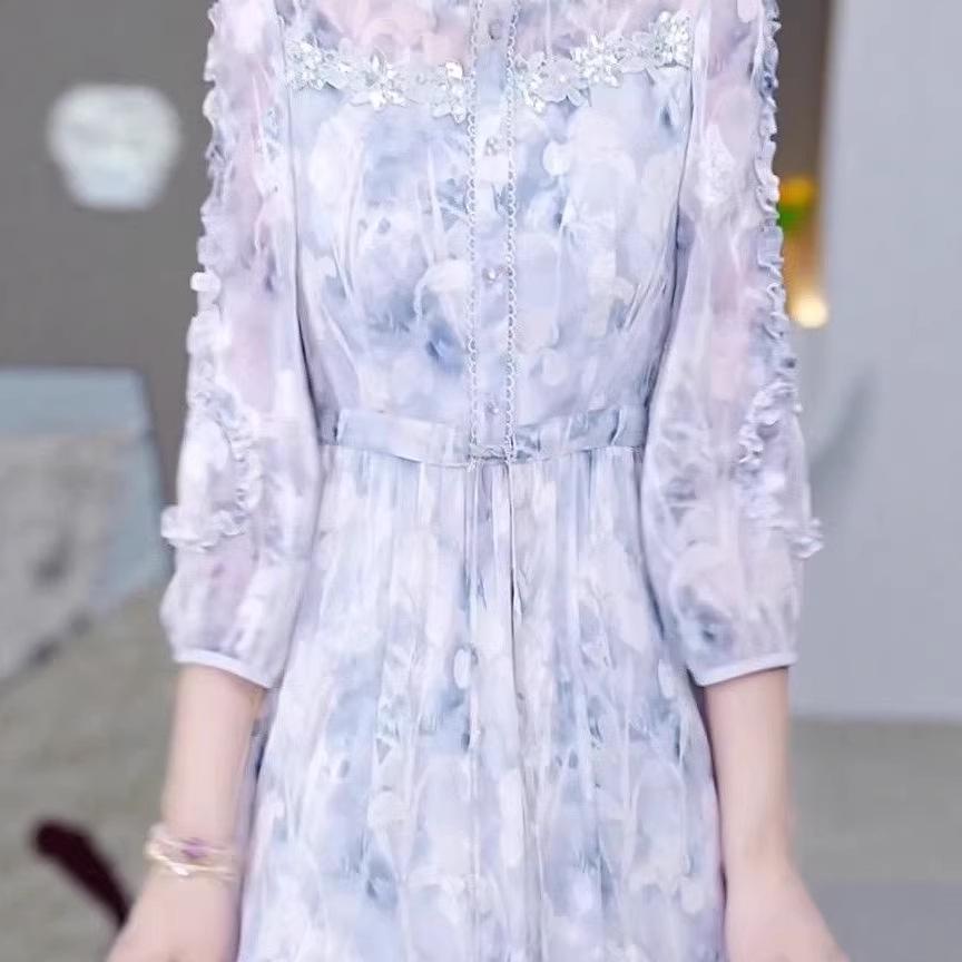 Women's Spring 2026 Seven-Sleeve Ruffled Collar Belted Printed Midi Dress