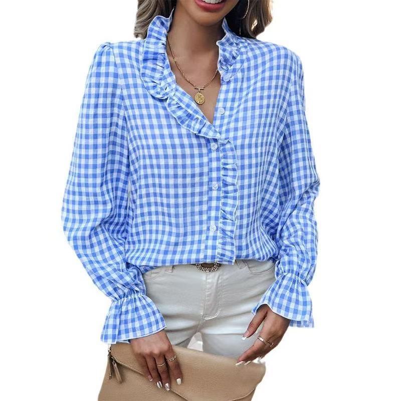 2026 Spring French Ruffle Plaid Women's Shirt - New Arrival
