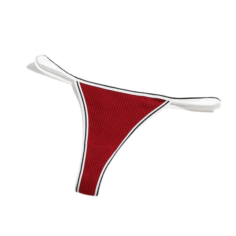 Solid Color Ribbed Cotton Women's Thong with Fine Straps and Hollowed Mid-Low Waist Design
