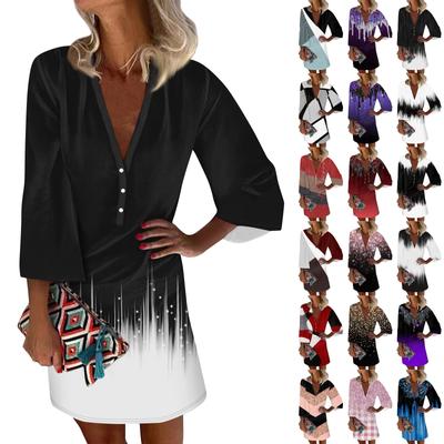 Dresses For Women Casual V Neck Casual Three Quarter Sleeve Dress Button Sundress