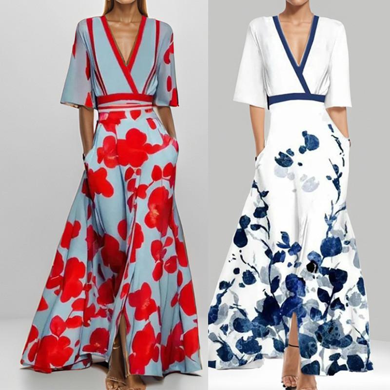 Elegant V Neck Print Pleated Long Dress For Women With Polyester Fabric And Office Style