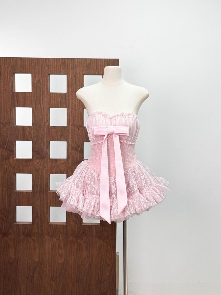 Vietnamese Sweet Bandeau Lace Bow Patchwork A-line Dress