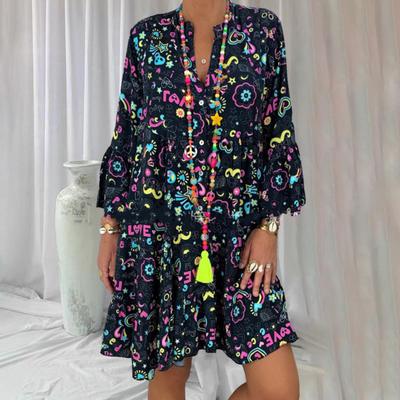 Women Dress Extra Soft Breathable Long Sleeve V-Neck Big Hem Loose-fitting Casual Long Dress for Lady