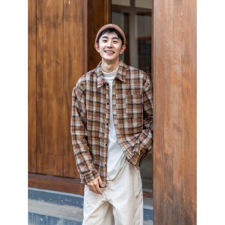 Spring and Autumn Japanese Style Retro Plaid Shirt Men's and Women's Hong Kong Style Loose Casual Long Sleeves Shirt Thin Preppy Style Coat