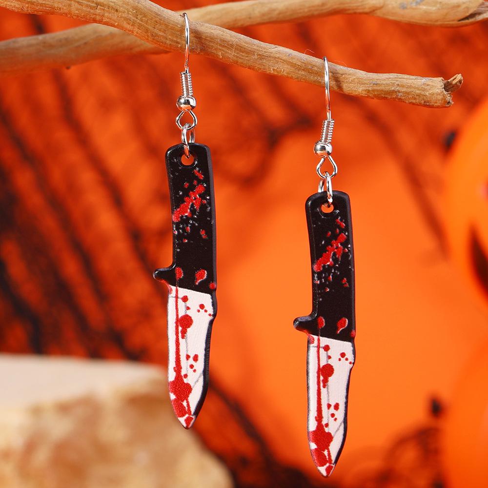 Retro Halloween Kitchen Knife & Axe Earrings: Creative Bloodstain Scissors Ear Ornaments for Women