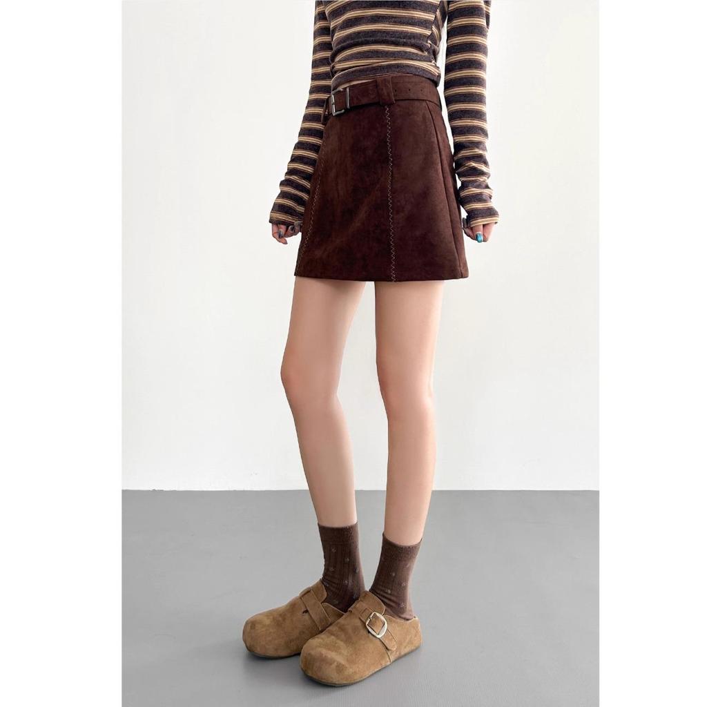 Melanoid Coffee Suede Plush High-Waist Slimming Skirt for Women – Spring/Autumn Hip-Hugging Short Skirt