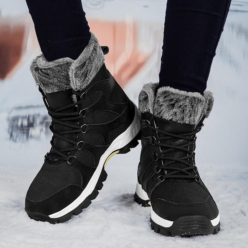 Couple Lace-up Snow Boots Fur-lined Half Boots Plush Cotton Shoes Anti-slip Winter Warm Outdoor Sneakers Wear-resistant