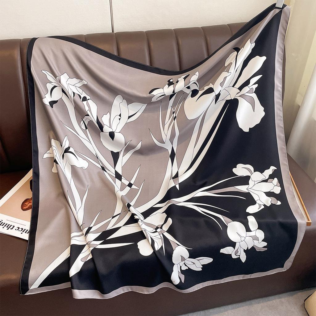 Luxury 90*90Cm Square Scarf Twill Silk Feeling Flower Print Neck Scarves Women Head Shawls and Wraps Hijab Bandana Pashmina