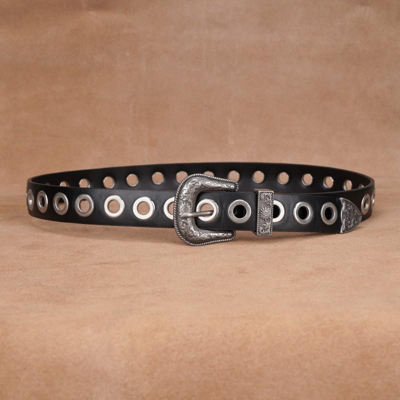 Womens Black Genuine Leather Belt With Carved Buckle Hollow Design Y2K Retro Punk Style No-Hole Waistband Jeans