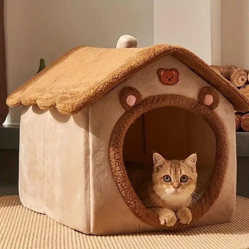 Washable House-Shaped Dual-Use Cat & Small Dog Bed with All-Season Cushion