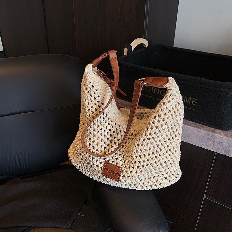 Hollow Woven Bag Women's Summer New Seaside Vacation Beach Bag Large Capacity Shoulder Messenger Tote Bag