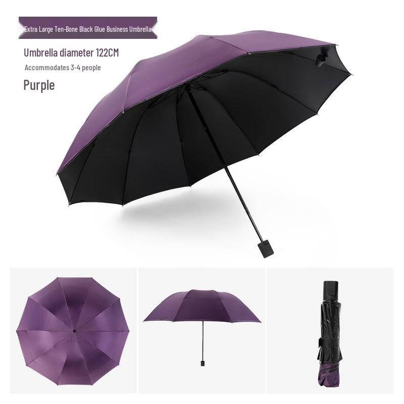 Black Reinforced Folding Umbrella, Sun & Rain Protection, Solid Color, Three-Fold, Fits 1-2 People, Ideal for Business Men & Women.