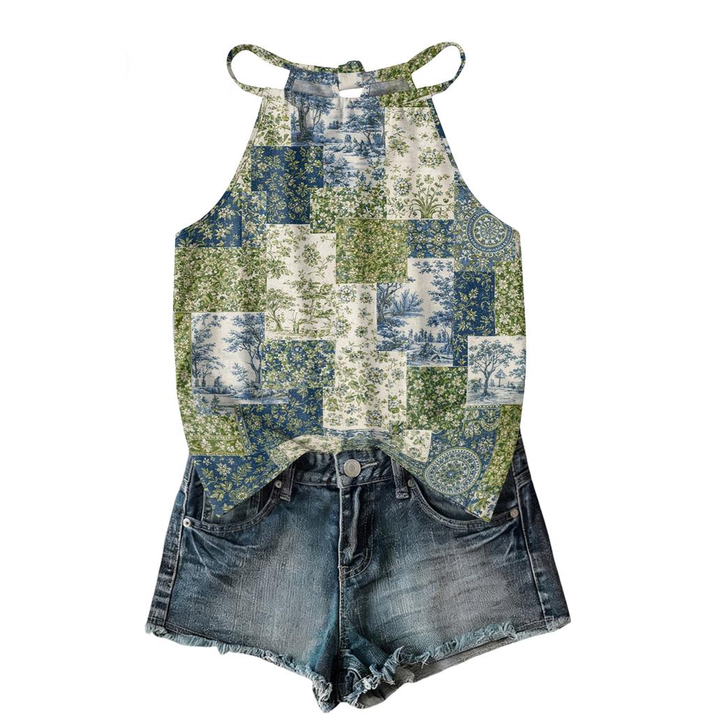 Damen ärmelloses Boho-Tanktop mit Blumendruck Verstellbarer Träger Lässige Sommerbluse Leicht Lockerer Schnitt