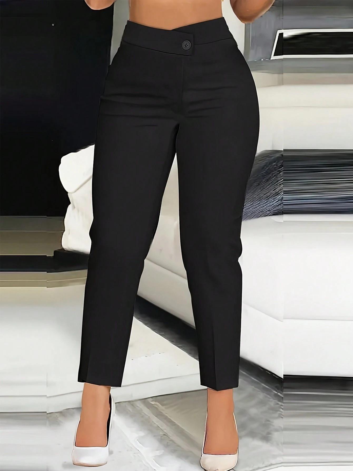 women s High Waist Solid Color Skinny Pants Casual Slim Fit Cropped Trousers S чёрный