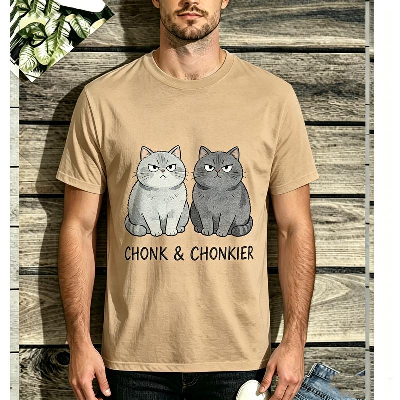 2026 New Unisex Cute Chonky Cat Two Grumpy Cats Graphic Short Sleeve TShirt Soft Cotton Vintage Casual Summer Top For Pet Fans