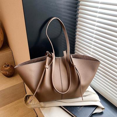 Elegant Women's Large Capacity Bucket Shoulder Bag Vintage PU Leather Solid Color Tote Bag for Daily Use
