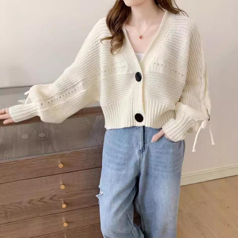 Autumn and winter new casual loose V-neck knitted cardigan sweater women's long-sleeved bow tether short top