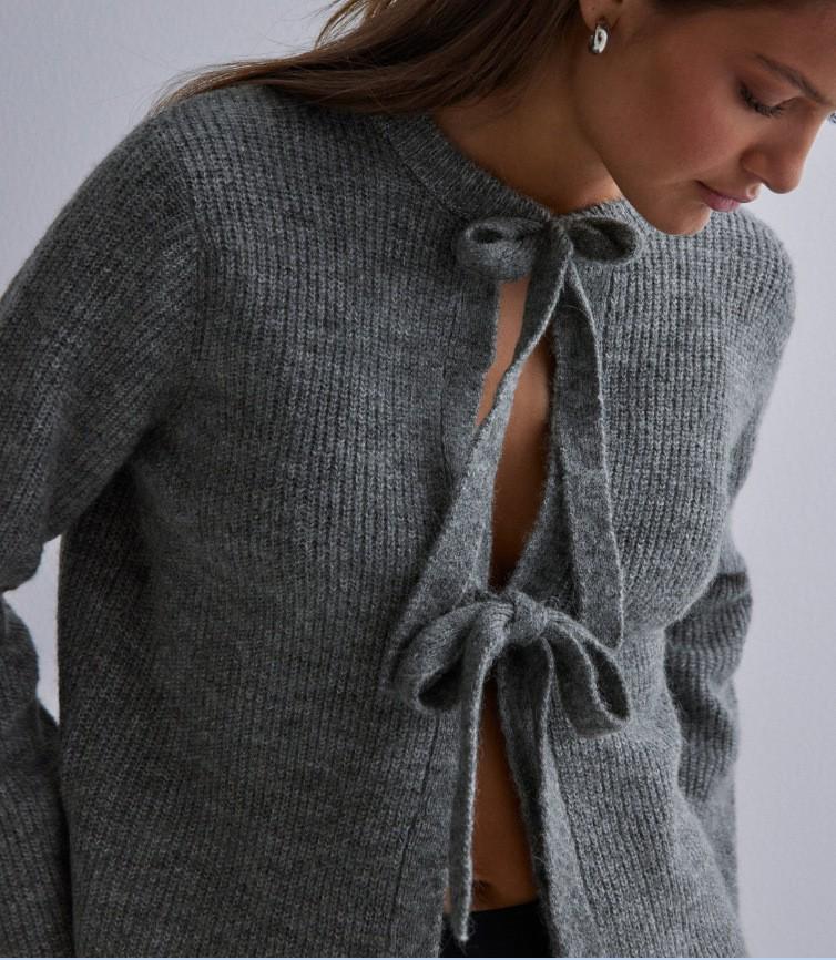 2026 Autumn/Winter Women's Solid Color Loose Knit Cardigan with Tie-up - European and American Style