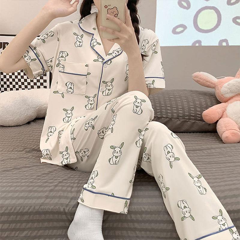 Pajamas Female Cartoon Full Of Printed Rabbit Short-Sleeved Trousers Lazy House Summer Cardigan Loungewear Can Be Worn Outside