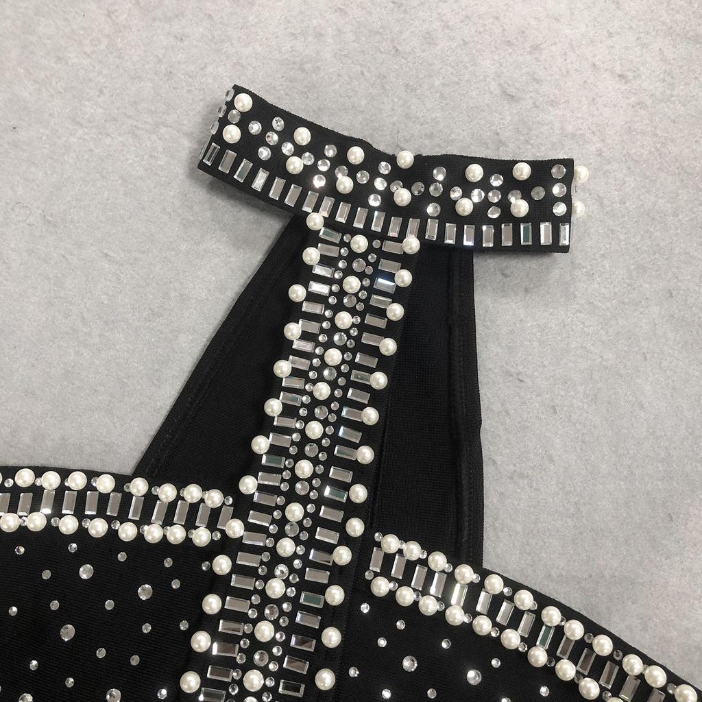 2025 Autumn/Winter European Fashion Pearl Rhinestone Halter Bandage Dress