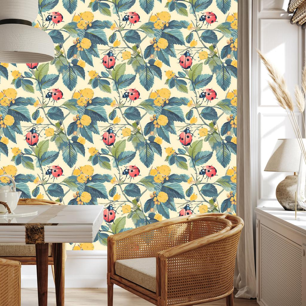 Ladybugs Wallpaper Cream and Turquoise for Living Room and Bedroom 50x1000