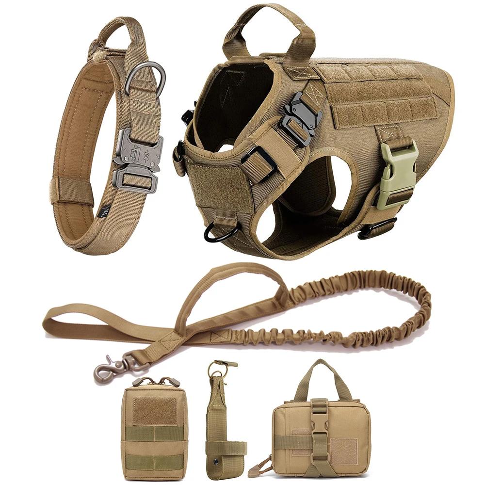Tactical Dog Harness Collar Leash Set Dog Vest with Molle System & Handle Adjustable for Medium Large Dogs Outdoor Training