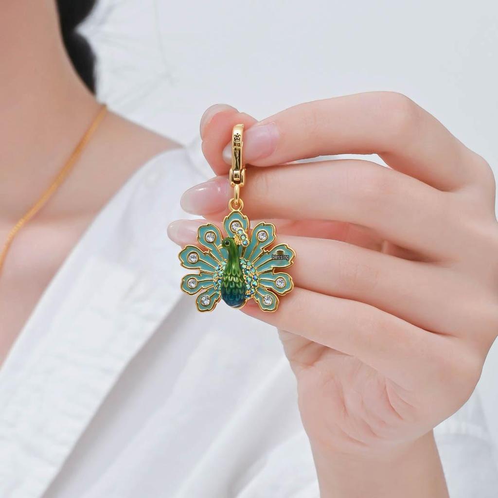 Ethnic Style Peacock Pendant Necklace with Enamel and Diamond-Inlaid Feathers