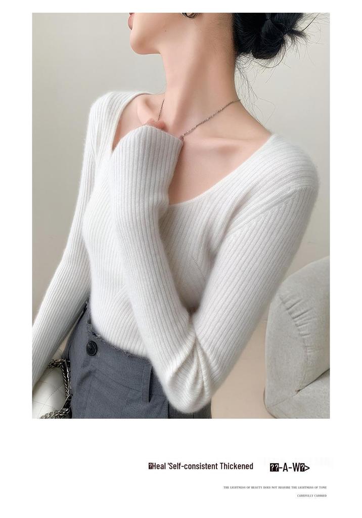 Chic Age-Defying Color-Block U-Neck Cashmere Sweater for Women - Slim Fit, Thick Knit Jacquard.