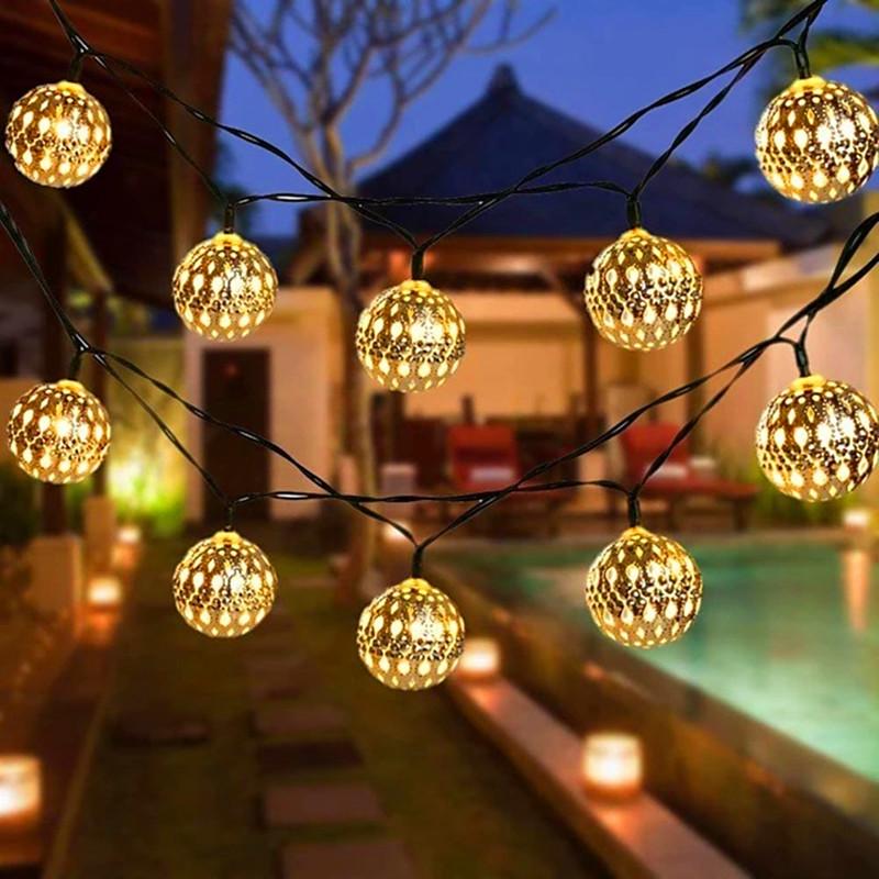 Moroccan Wrought Iron LED Solar String Lights Outdoor Metal Ball Decor