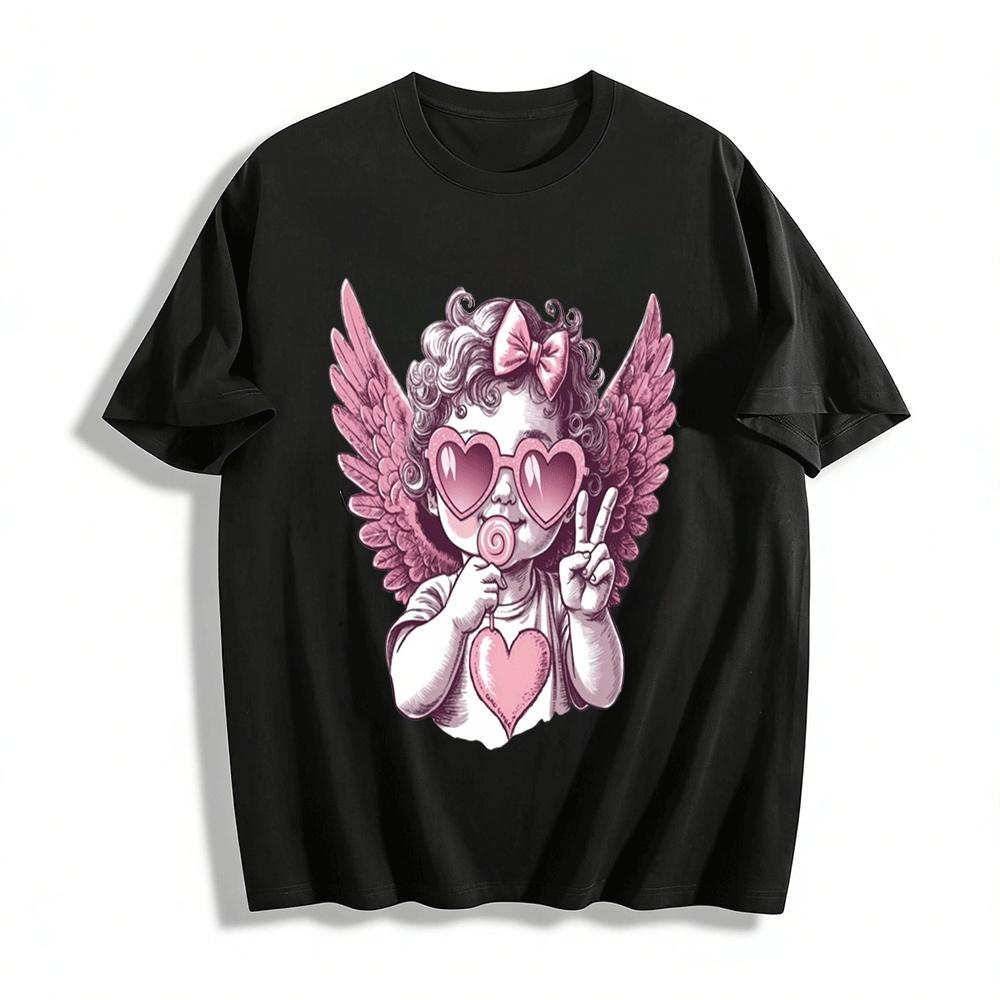 

Cute Cupid Heart Sunglasses Print Casual Short Sleeve Top Pure cotton T-shirt XXS