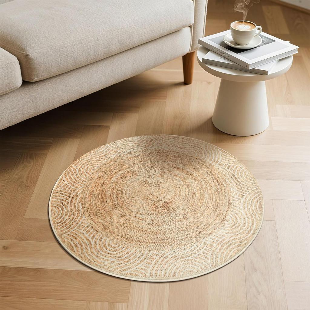 Natural Jute Wave Pattern Round Rug Beige Textured for Scandinavian Minimalist Decor