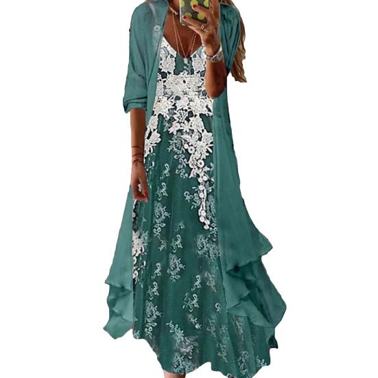 2Pcs/Set Dress Set V-Neck Large Hem Printed Summer Women Sling Design Dress Long