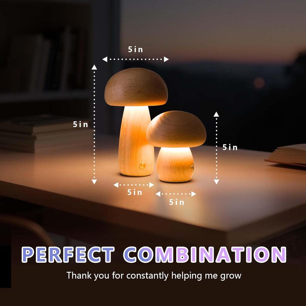 Mushroom Night Lights Rechargeable, Cordless Wooden Mushroom Table Lamps, Portable Desk Lamps for Bedroom, Studyroom,Gifts