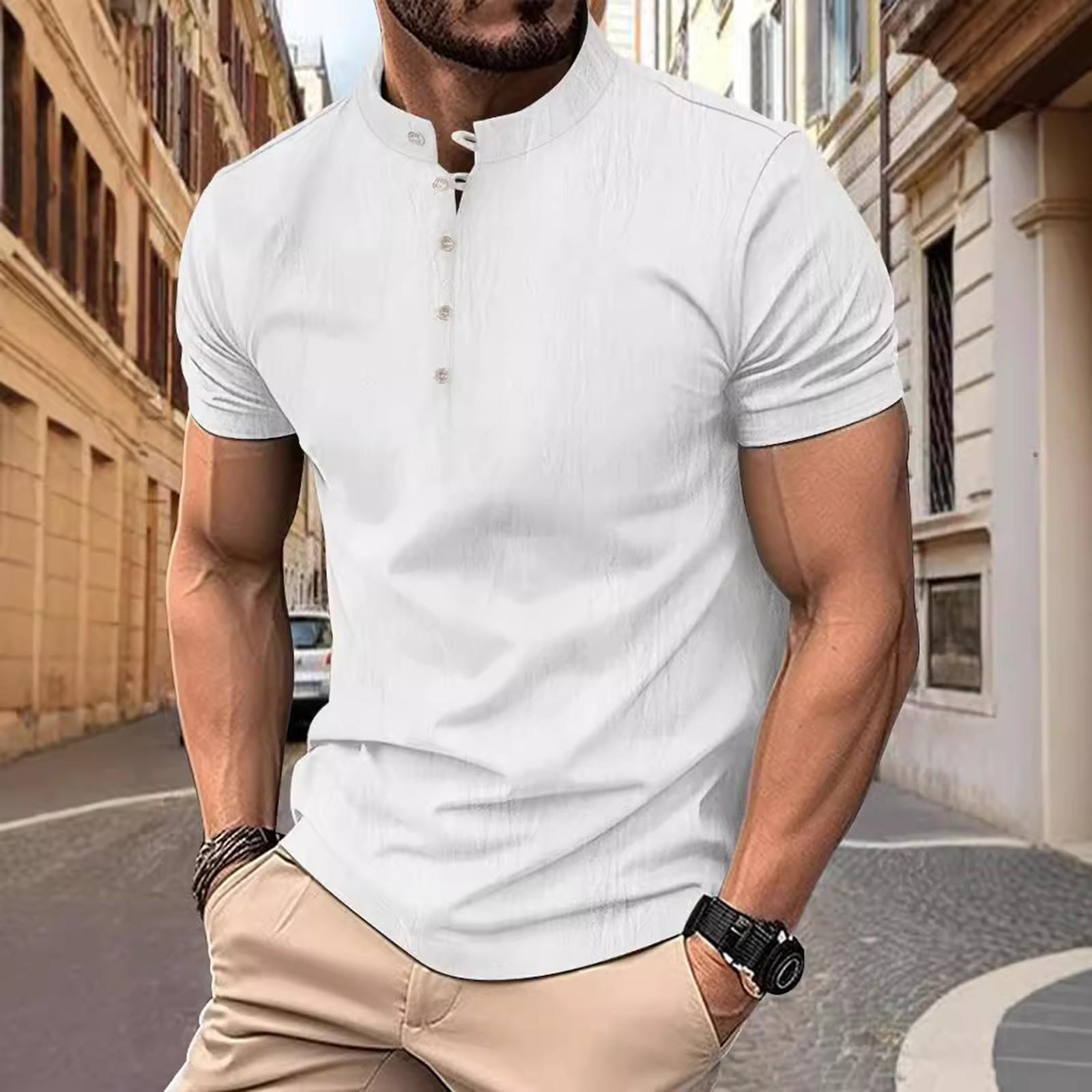 

Мужская винтажная рубашка из хлопка и льна, однотонная, повседневная, с короткими рукавами XL белый