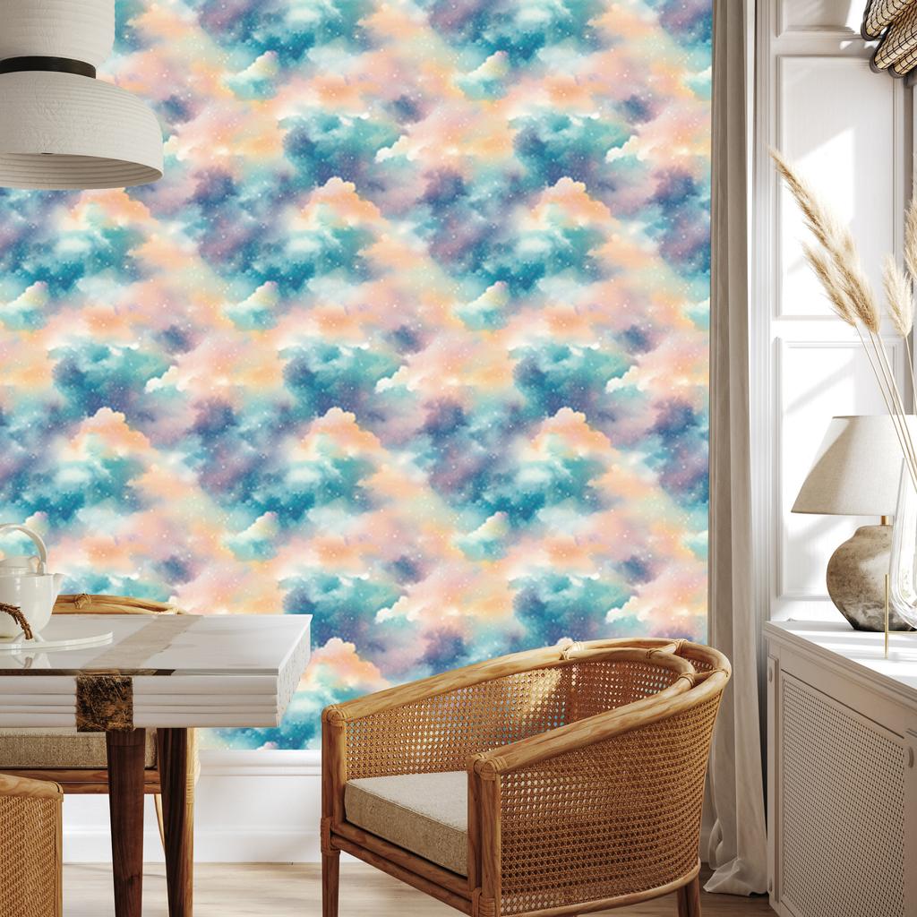 Watercolor Galaxy Wallpaper Turquoise and Cream for Living Room and Bedroom 50x1000