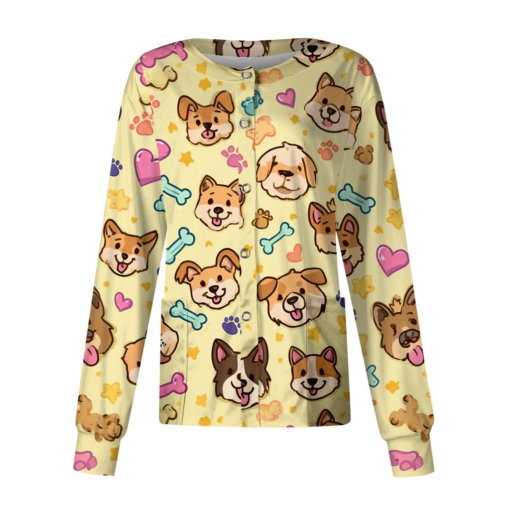 Women's Long Sleeve Top, Casual Uniform with Print, Single Pocket, Lightweight Work Shirt for