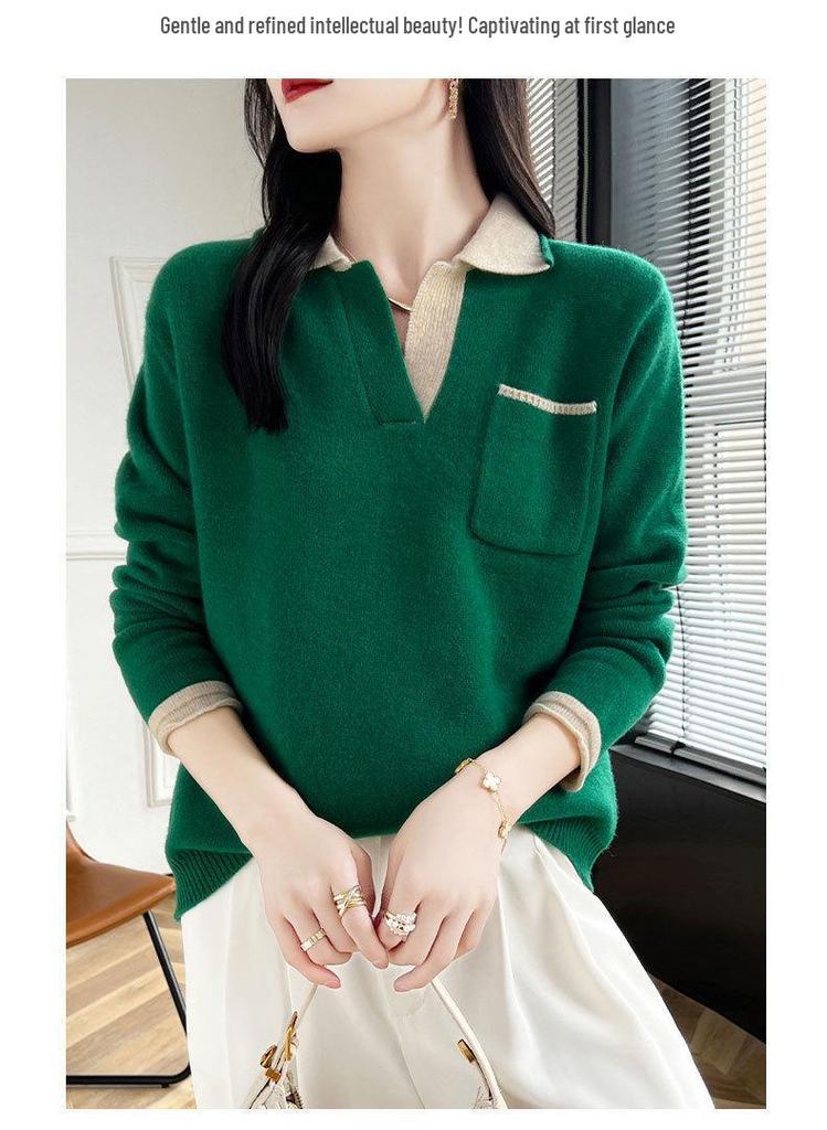 Women's Loose Wool V-Neck Color Block Pullover Sweater - Autumn/Winter Warm Lazy Style
