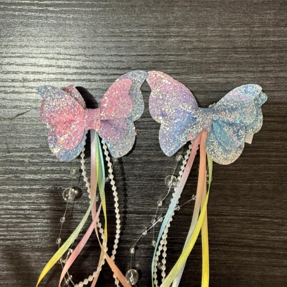 2Pcs Glitter Butterfly Hair Clips Long Tassel Kids Barrette Performance Accessories